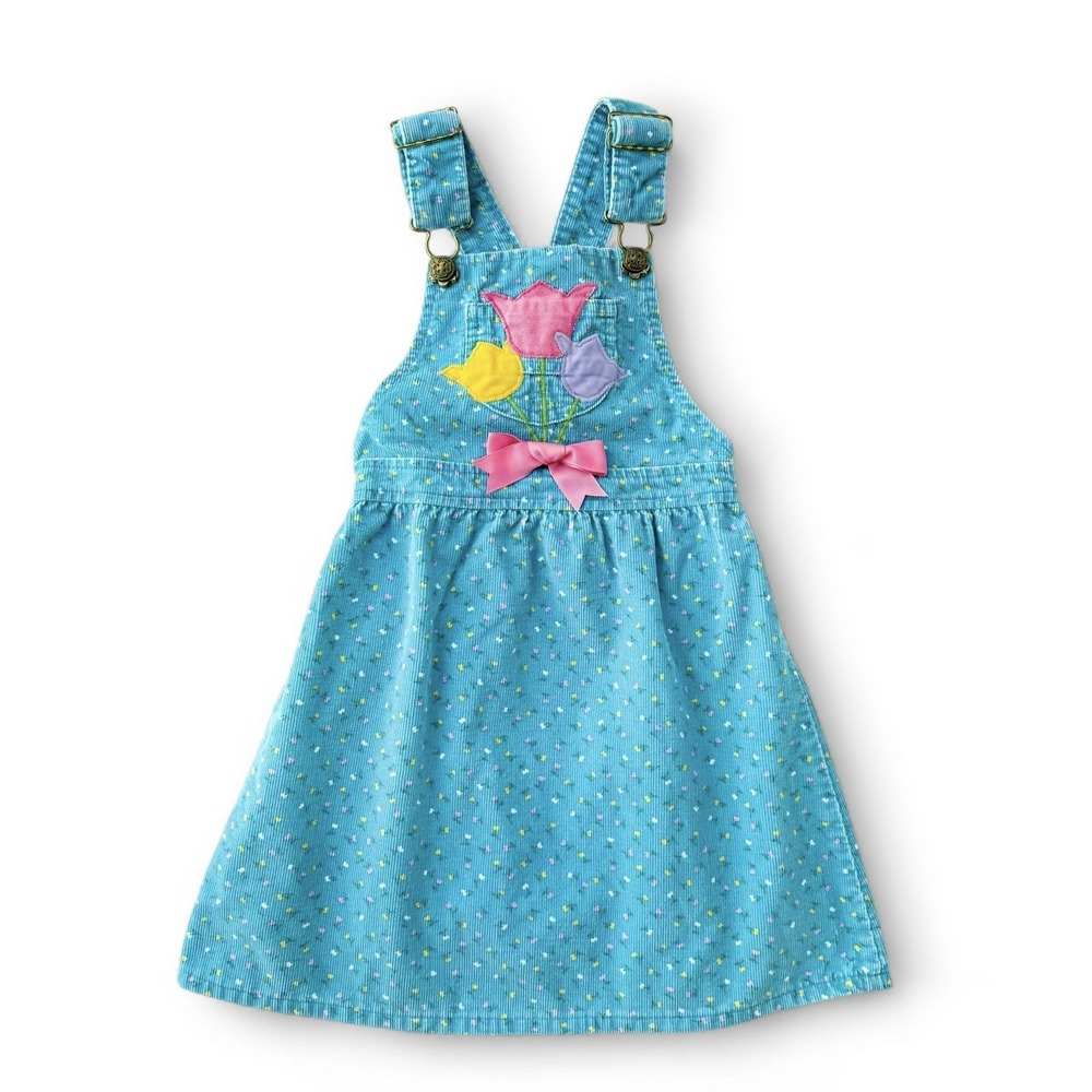 Vintage 90s OshKosh Corduroy Floral Tulip Overall Jumper Dress Girls 6 Teal USA